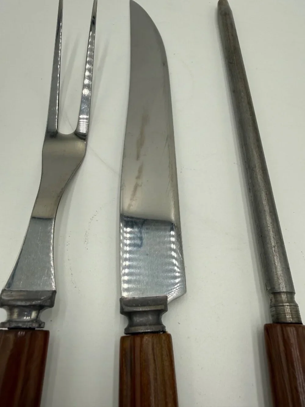 Vintage 3-Piece Carving Set Bakelite Handles Stainless Steel Fork Knife Sharpeni